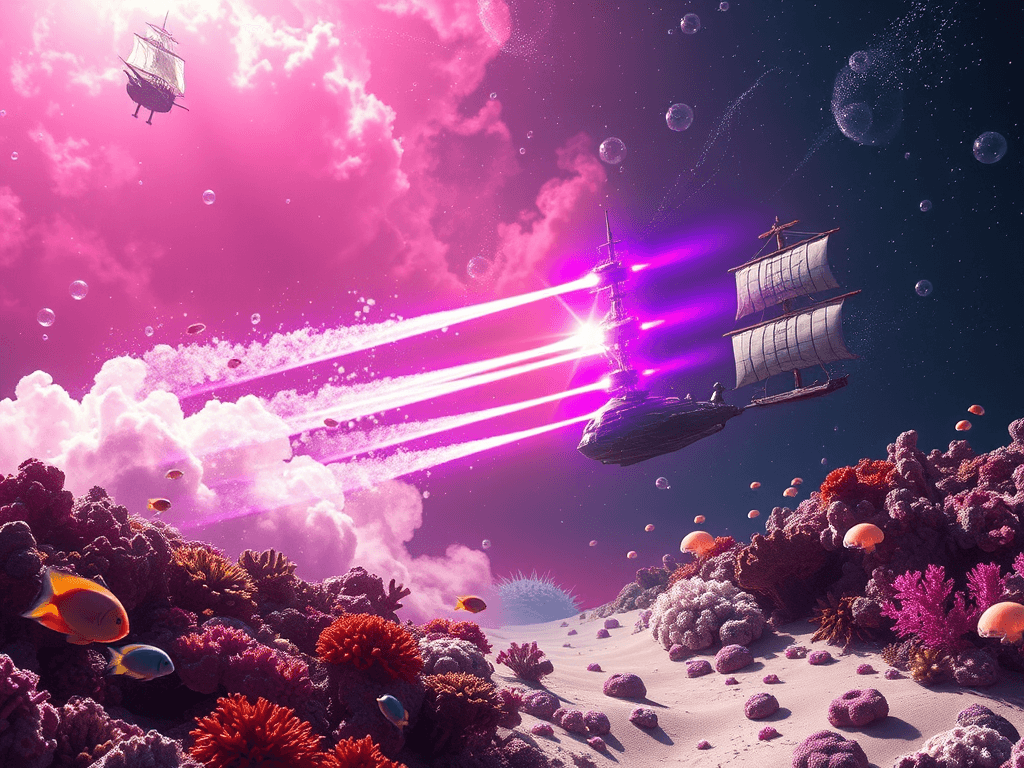 A dramatic scene of the S.S. Goofy Bubble firing high-velocity iridescent bubbles amidst the pink nebula. The Hello Kitty Destroyer's twin laser cannons fire back, creating arcs of violet and blue energy. Stars twinkle in the backdrop while shimmering trails highlight every movement in space.
Style: Cinematic, ultra-detailed sci-fi concept art
Environment Details: The environment surrounding the 'S.S. Goofy Bubble' is a vibrant underwater realm, filled with coral reefs that dance with the rhythm of the ocean currents. Brightly colored fish dart playfully among the corals, while schools of jellyfish float gracefully, their translucent bodies glowing with bioluminescence. Sunlight filters through the surface, creating a mesmerizing play of light and shadows on the sandy ocean floor. Bubbles rise from the depths, bursting into a cascade of tiny pearls, adding to the whimsical atmosphere. In the distance, a floating pirate ship made of driftwood looms, its tattered sails flapping gently in the currents, hinting at adventures yet to unfold. The water is alive with the sounds of marine life, interspersed with the joyful laughter of SpongeBob and his crew, echoing through the vibrant aquatic landscape.
Lighting: Dynamic, dramatic lighting with lens flares and volumetric effects
Camera: Wide-angle, epic perspective
Additional Details: Show detailed ship designs, energy weapons, and environmental effects
Quality: Ultra HD, highly detailed, professional quality